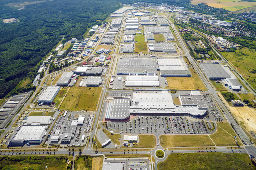 Aerial view to industrial zone and technology park on Bory suburb of Pilsen city in Czech Republic, Europe.