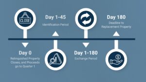 • Day 0: Relinquished property closes and proceeds go to QI • Days 1–45: Identification period • Days 1–180: Exchange period • Day 180: Deadline to close on replacement property
